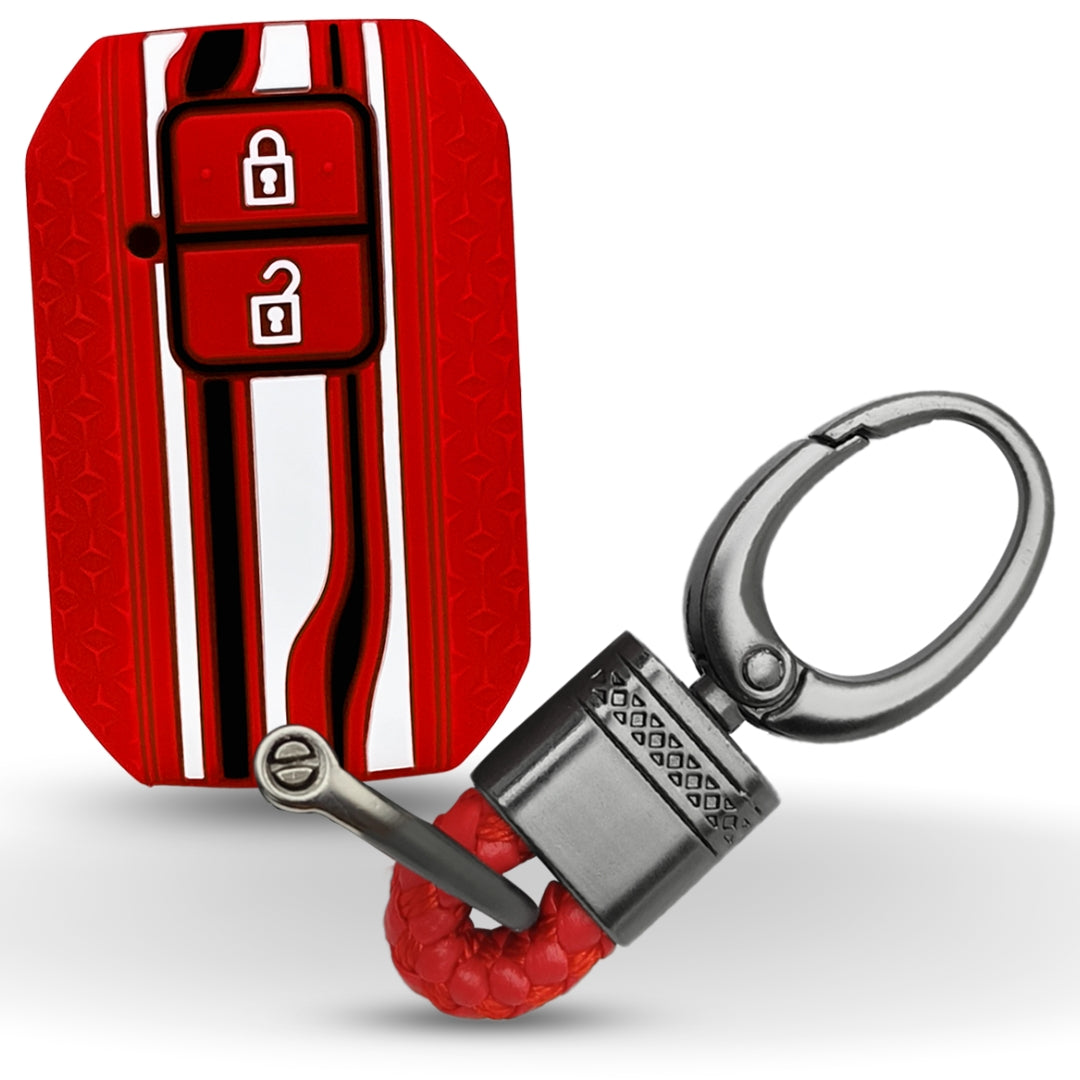 Red TriStar Silicone Key Cover for Suzuki Dzire, Glanza, Urban Cruiser Hyryder Smart Key with Keychain