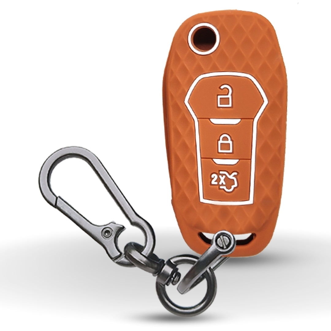 Brown Silicone key cover for Ford Figo Aspire/Endeavour flip Key with keychain