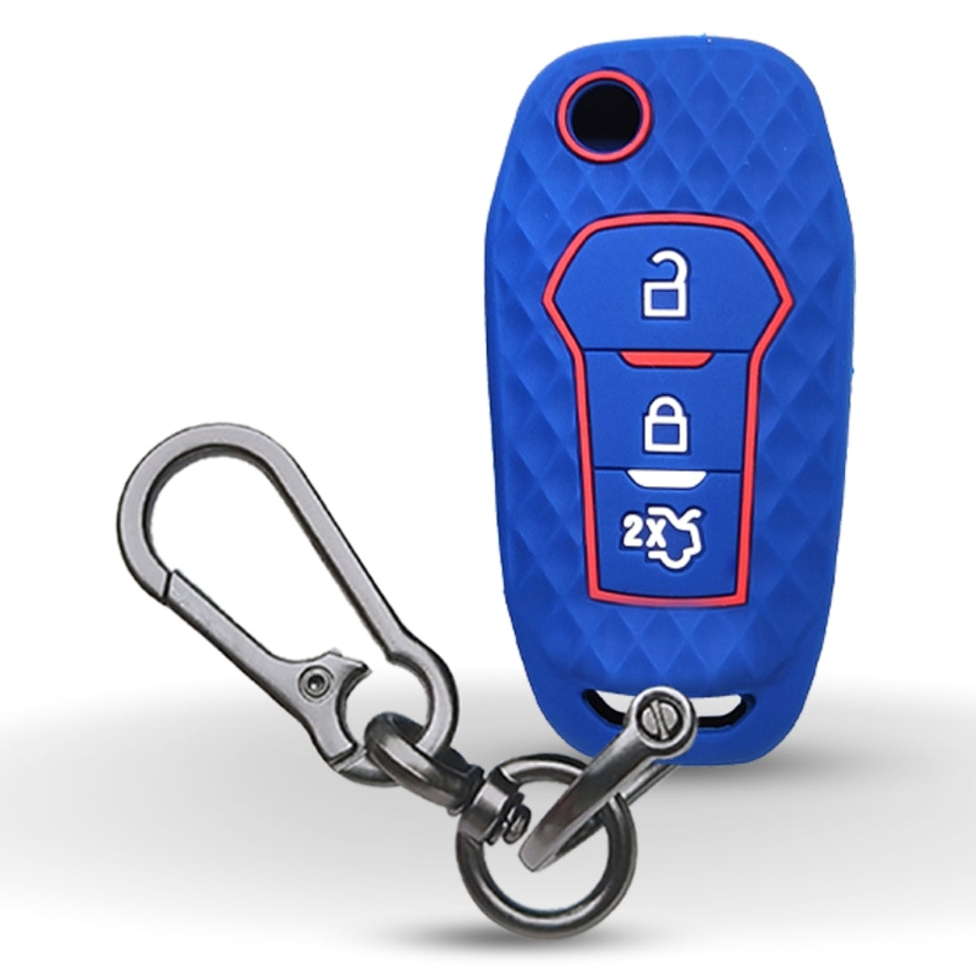 Blue Silicone key cover for Ford Figo Aspire/Endeavour flip Key with keychain
