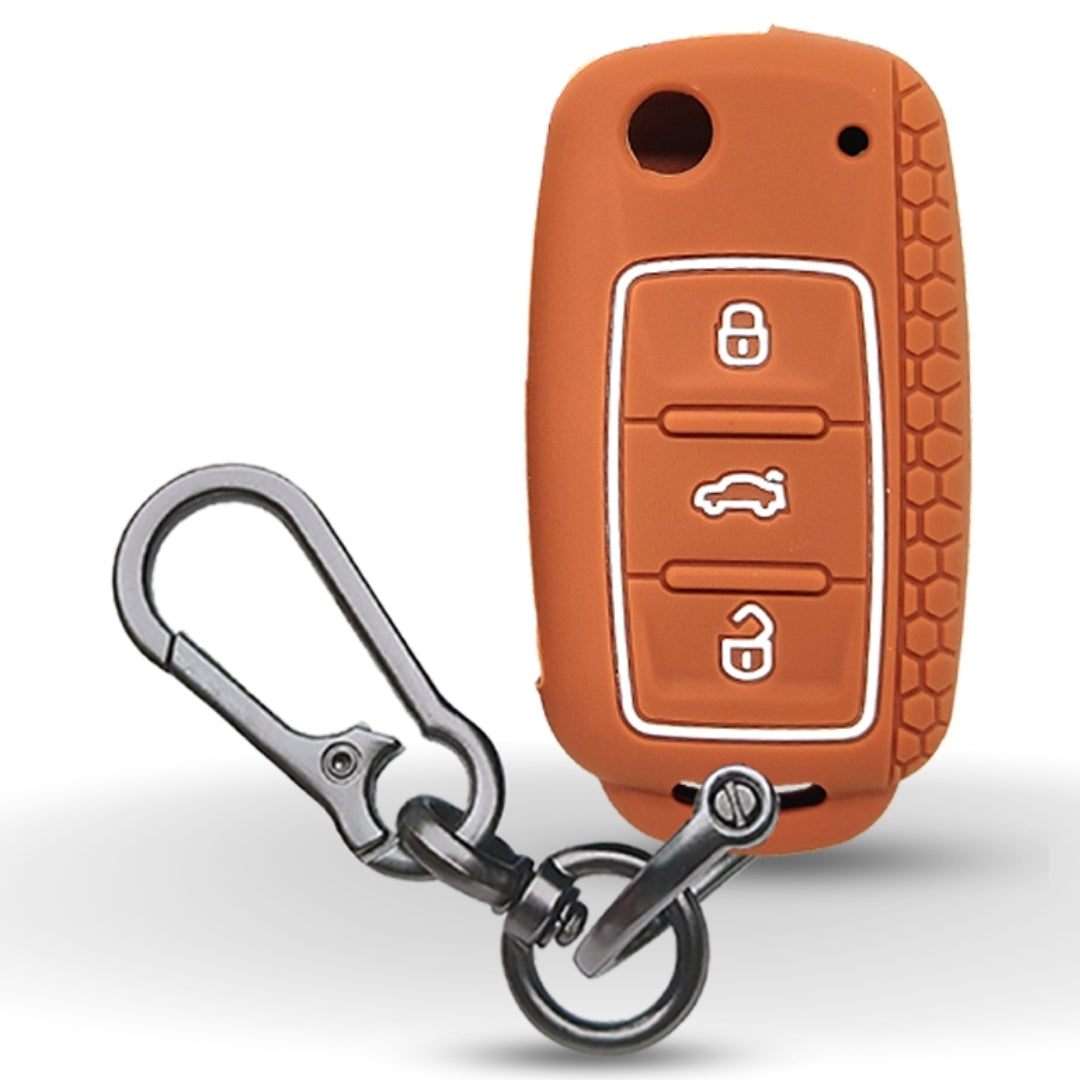 Skoda/ Volkswagen Brown Silicone Key Cover for Rapid, Laura, Superb, Octavia (old), Fabia, Yeti with keychain