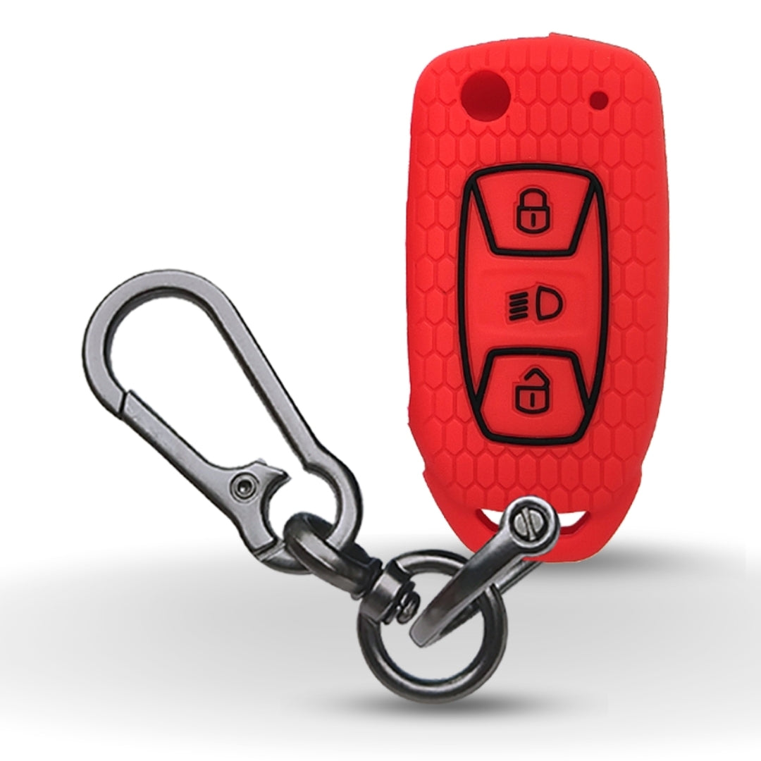 Silicone key cover for Tata Tiago, Tigor, Nexon, Hexa, Safari Storme, Bolt, Zica, and Zest flip key with keychain