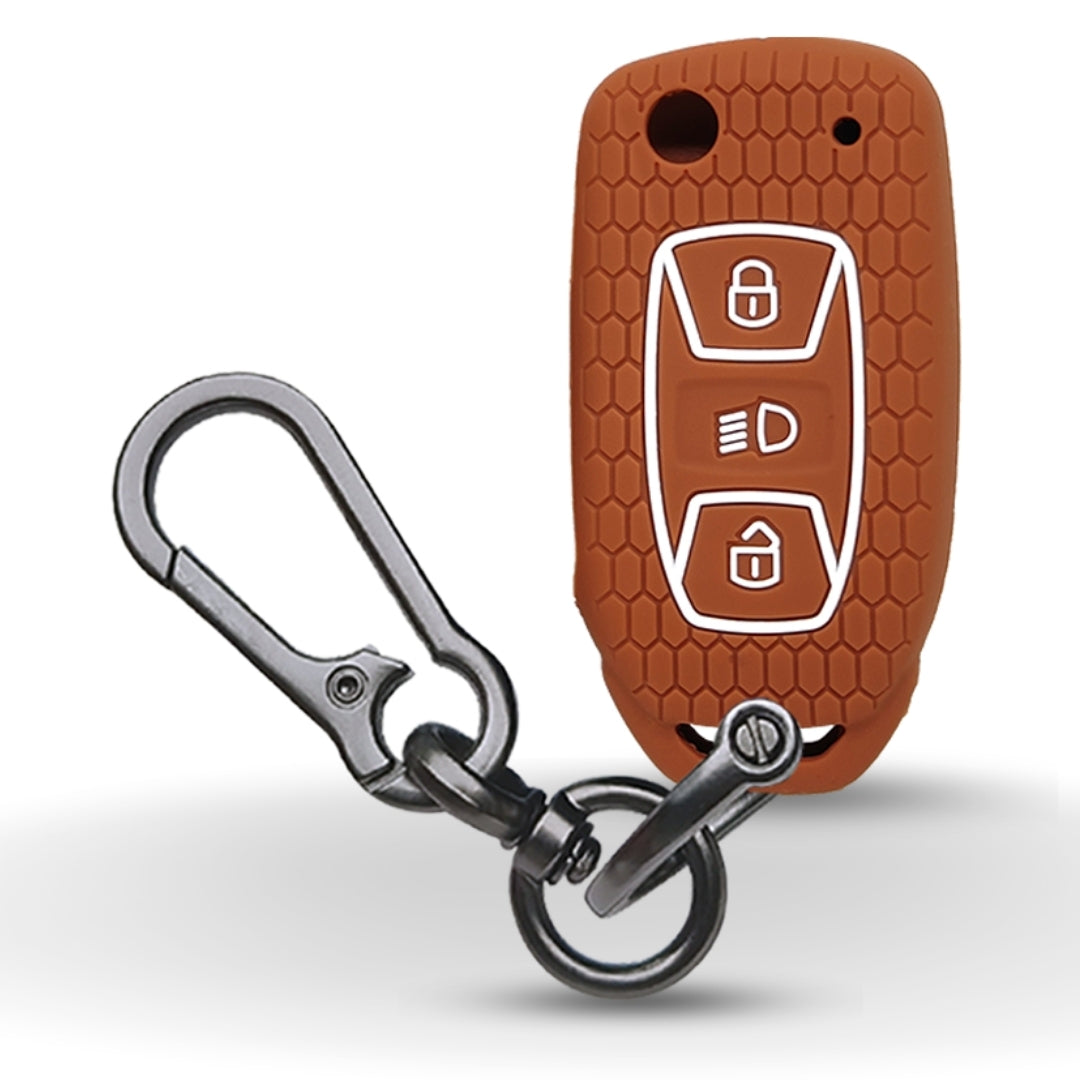 Silicone key cover for Tata Tiago, Tigor, Nexon, Hexa, Safari Storme, Bolt, Zica, and Zest flip key with keychain