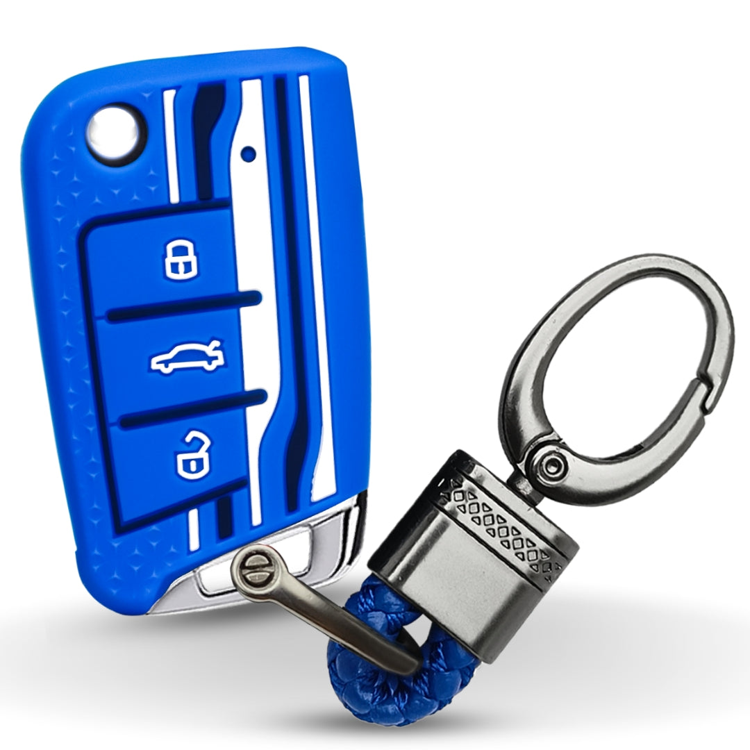 Keycept Tristar Silicone Car Key Cover for Skoda Kushaq, Octavia, Kodiaq, Superb, Slavia, Passat, Virtus, T Roc 3 Button Flip Key with Keychain (Type K4)