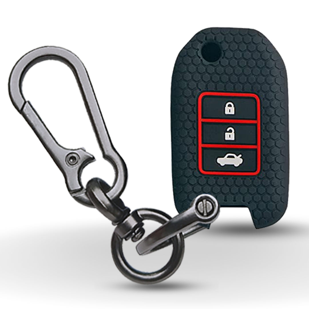 Black Silicone key cover for Honda City, WR-V with flip key with keychain