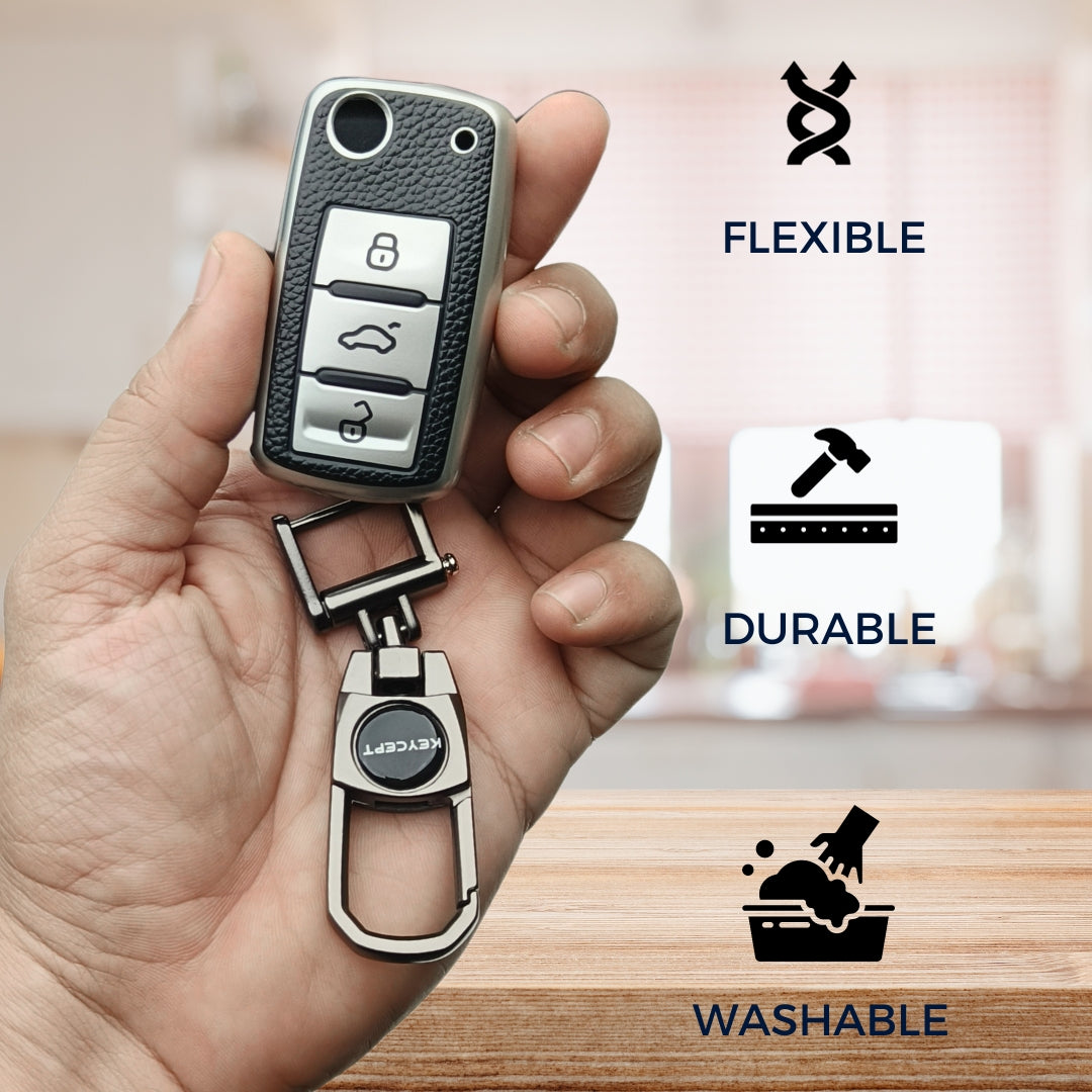 Skoda/ Volkswagen TPU Leather Key Cover with Keychain. (Type 2)