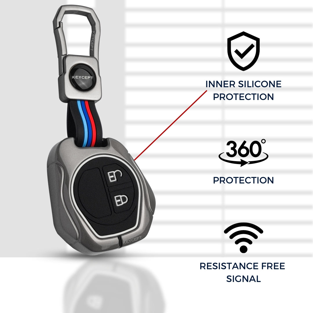 Keycept Metal Alloy Car Key Cover for Suzuki Swift, Dzire, Ertiga, Baleno, Celerio, WagonR, Ritz, Brezza, Scross, Alto, Fronx, XL6, Ciaz, Grand Vitara, Jimny, Alto K10, S Presso, WangoR, Ignis with Keychain (Dual Black & Tan)