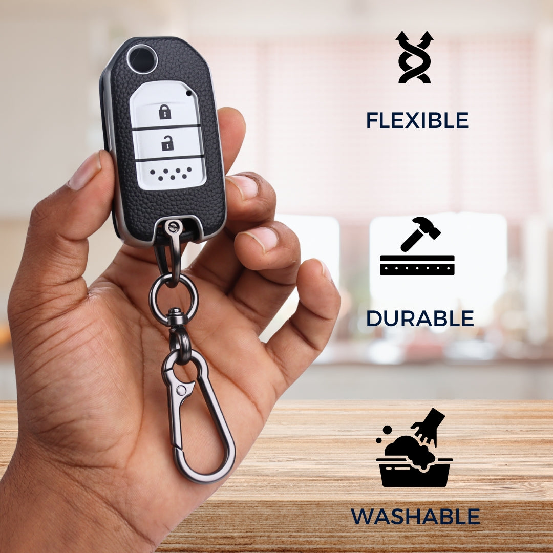 Keycept TPU Leather Car Key Cover for Honda City, WR-V 2 Button Flip Key with keychain (Type K1)