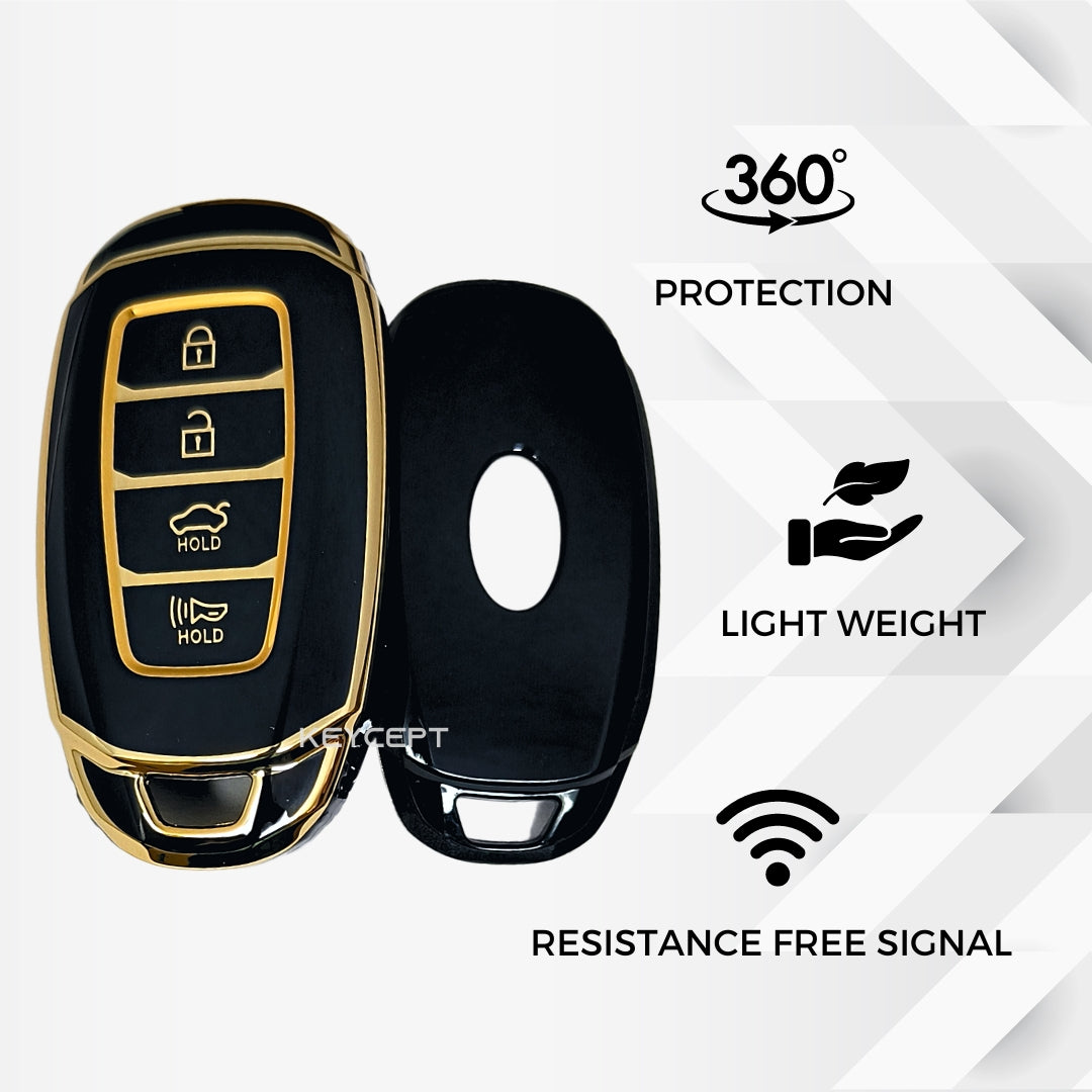 hyundai verna 4 button smart tpu black gold key case keychain