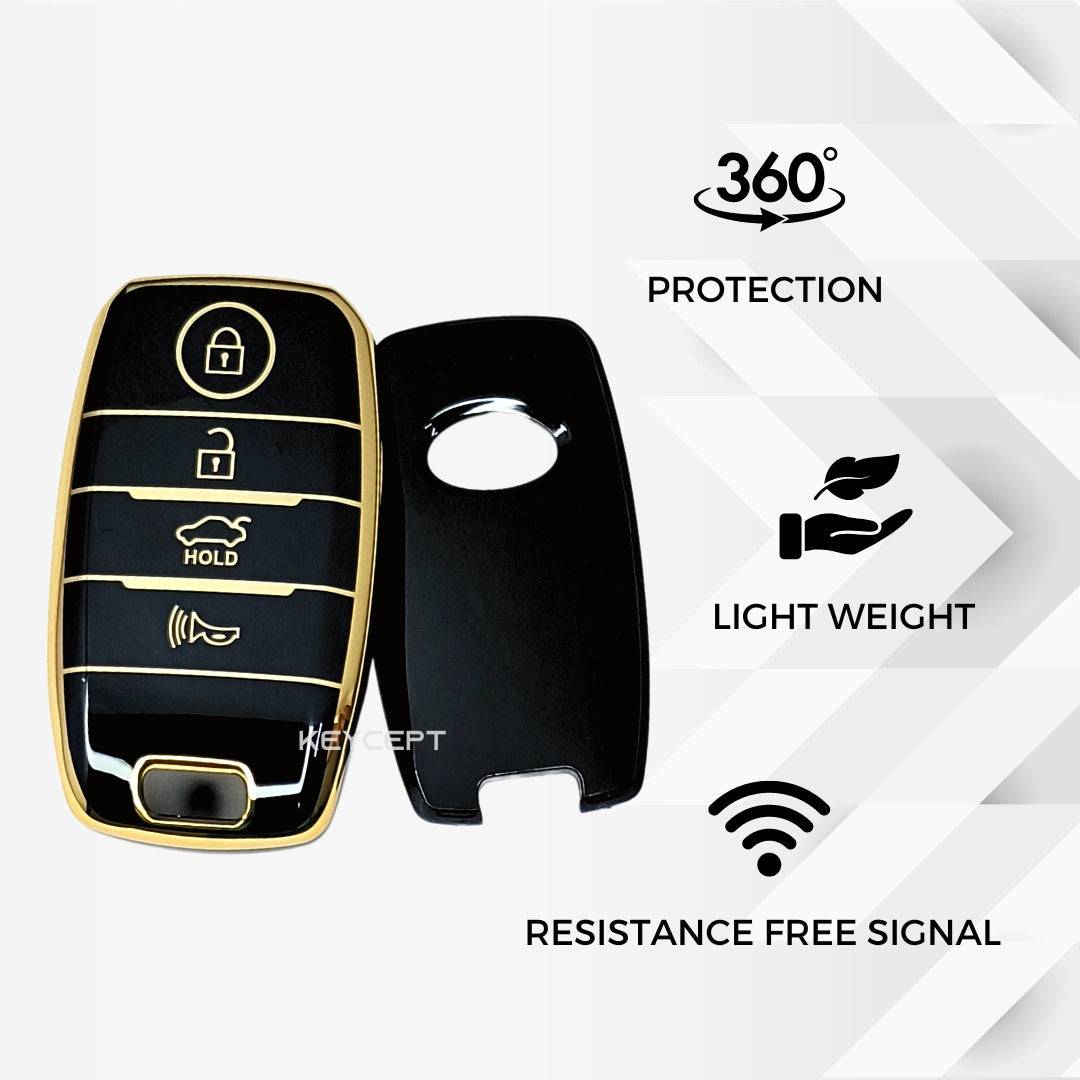 kia seltos sonet carens carnival 4 button smart tpu black gold key case keychain