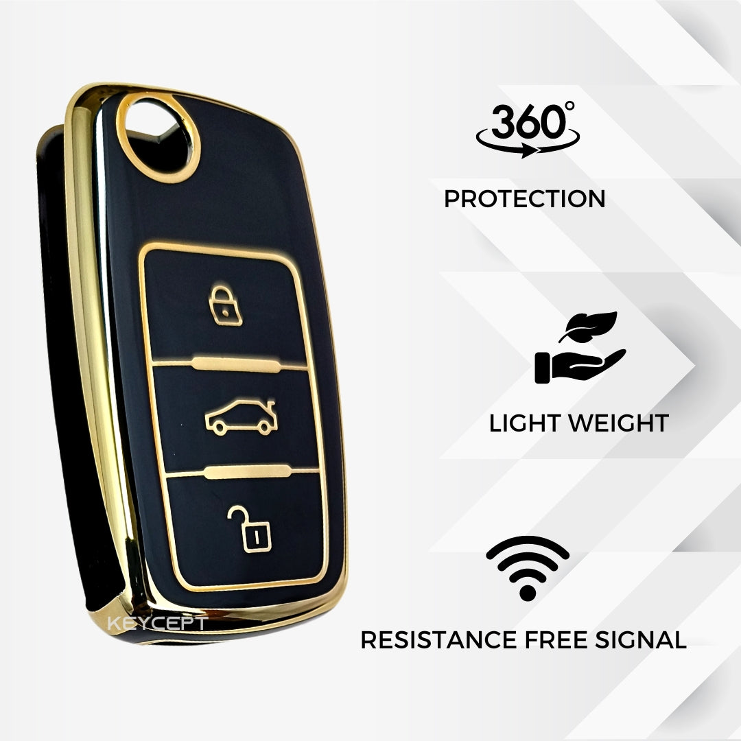 skoda octavia laura fabia 3 button flip key tpu black gold key cover keychain