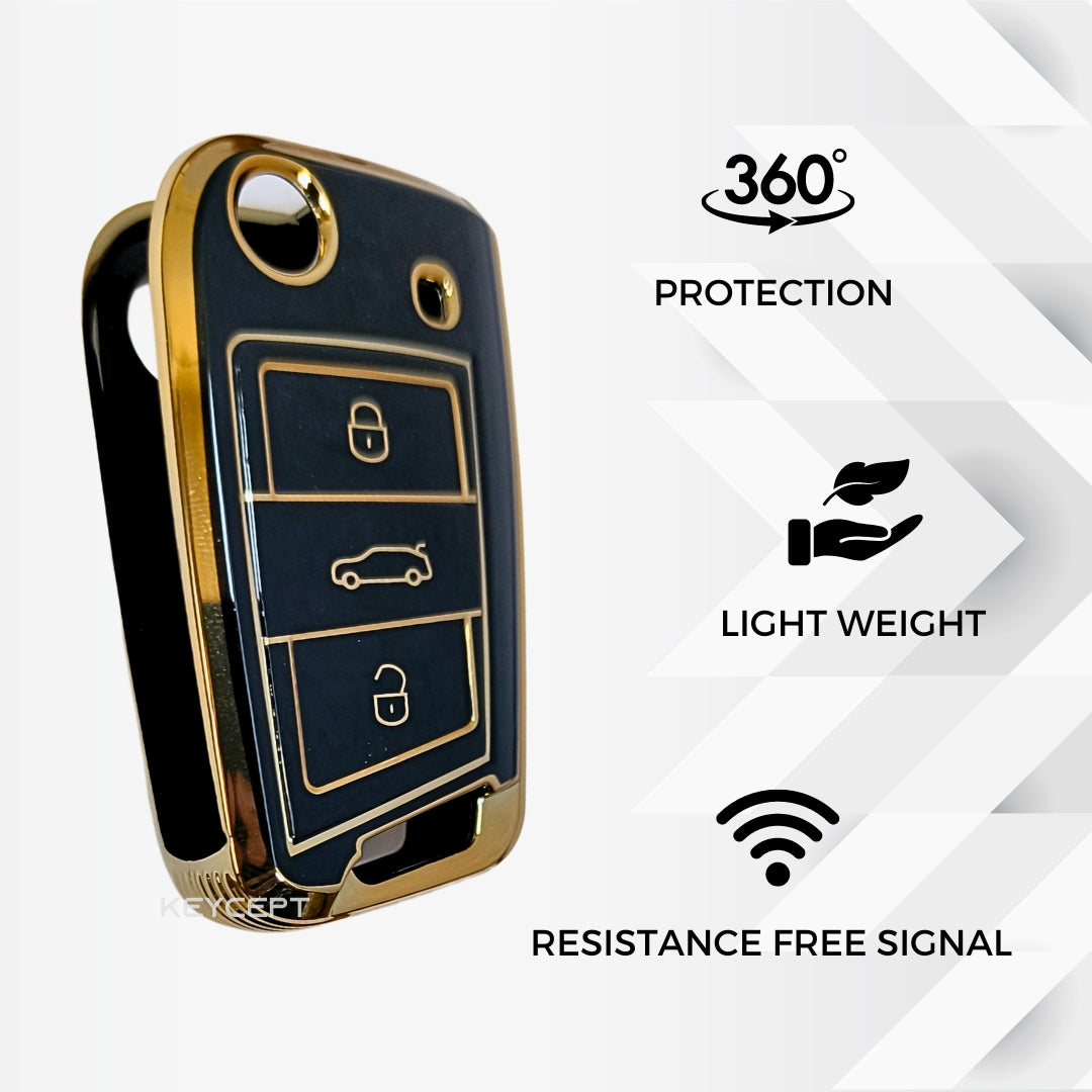 skoda kushaq octavia slavia kodiaq 3 button flip tpu black gold key cover case keychain
