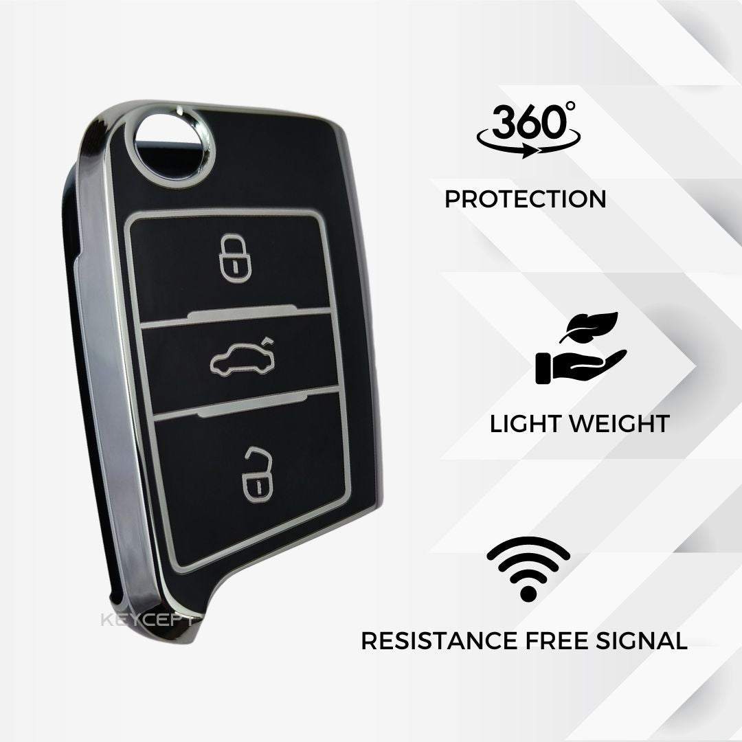 skoda kushaq octavia slavia kodiaq flip tpu black silver key case keychain