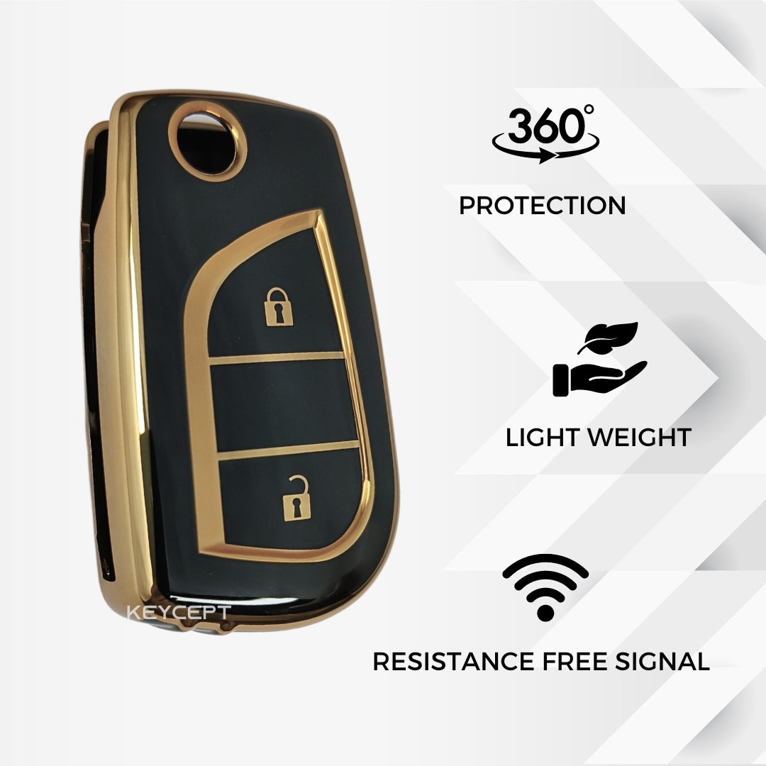toyota corolla innova crysta 2 button flip tpu gold key cover case keychain