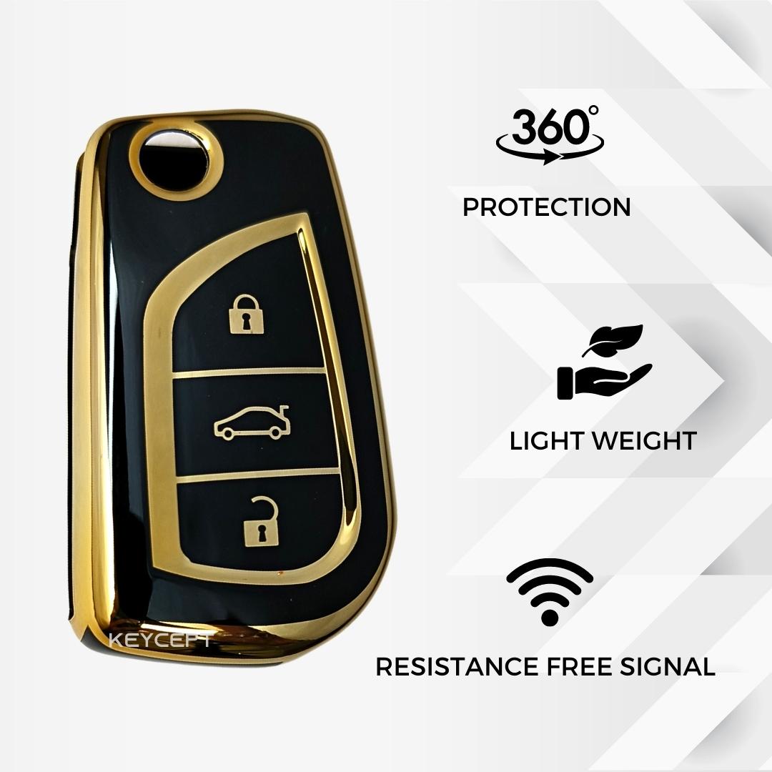 toyota corolla innova crysta 3 button flip tpu black gold key case keychain