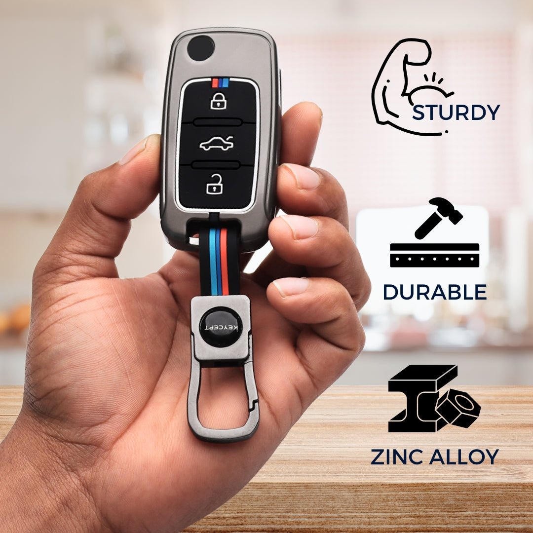 Keycept Metal Alloy Car Key Cover for Skoda/ Volkswagen Polo, Vento, Jetta, Ameo, Passat, Rapid Laura Superb Octavia, Fabia, Yeti 3 button Flip key Cover with Keychain (Dual Black & Tan)