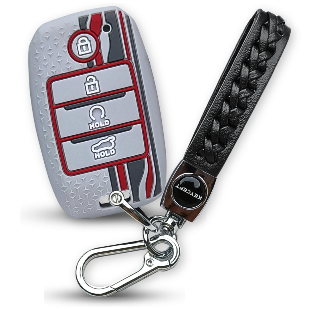 Grey TriStar Silicone Car Key Cover for Kia Seltos 4 Button smart key with Keychain