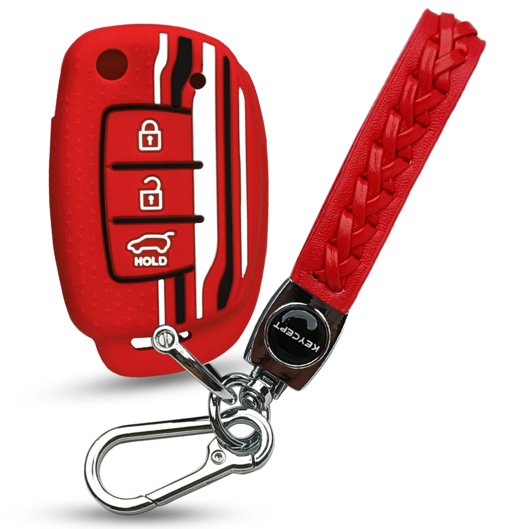 Keycept Tristar Silicone Car Key Cover for Hyundai Creta, Venue, Aura, i20, Grand i10 Nios, Xcent 3 Button Flip Key with Keychain (Type K5)
