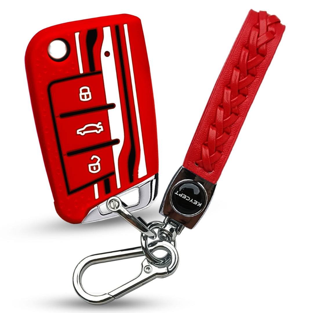 Keycept Tristar Silicone Car Key Cover for Skoda Kushaq, Octavia, Kodiaq, Superb, Slavia, Passat, Virtus, T Roc 3 Button Flip Key with Keychain (Type K5)
