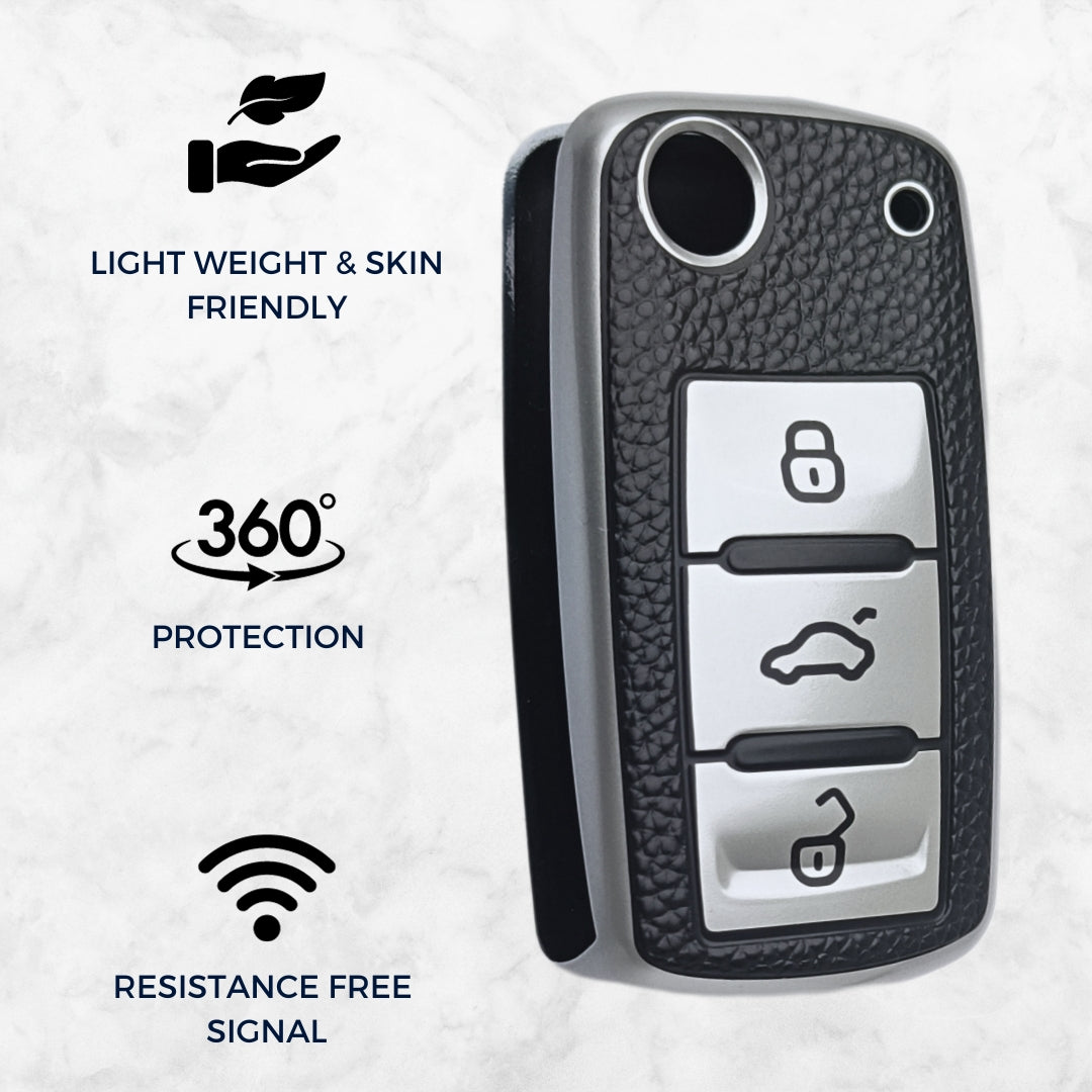 Skoda/ Volkswagen TPU Leather Key Cover with Keychain. (Type 2)
