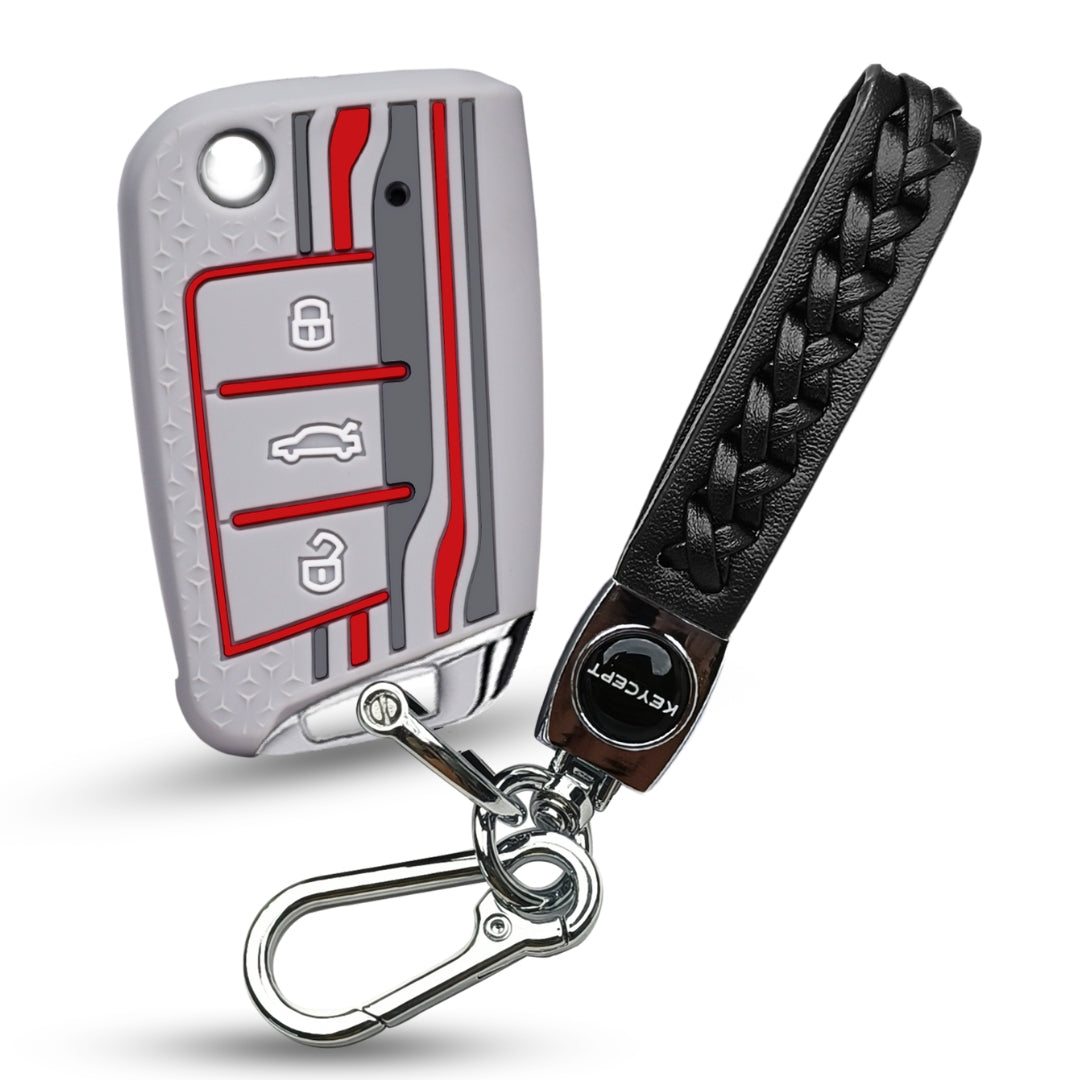Keycept Tristar Silicone Car Key Cover for Skoda Kushaq, Octavia, Kodiaq, Superb, Slavia, Passat, Virtus, T Roc 3 Button Flip Key with Keychain (Type K5)