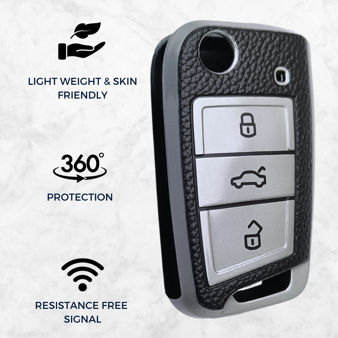 Skoda/Volkswagen TPU Leather Key Cover with Keychain. (Type 1)