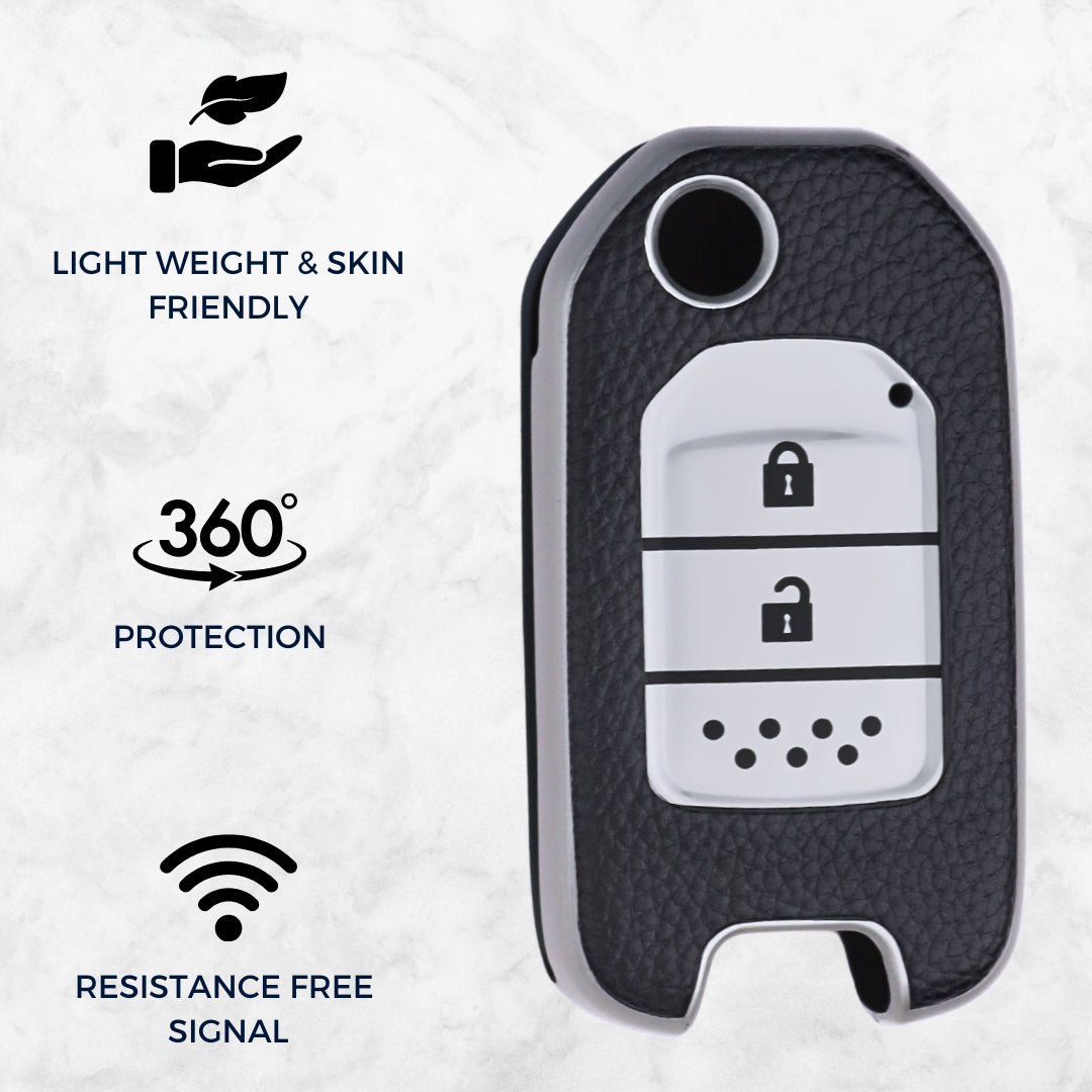 Keycept TPU Leather Car Key Cover for Honda City, WR-V 2 Button Flip Key with keychain (Type K6)