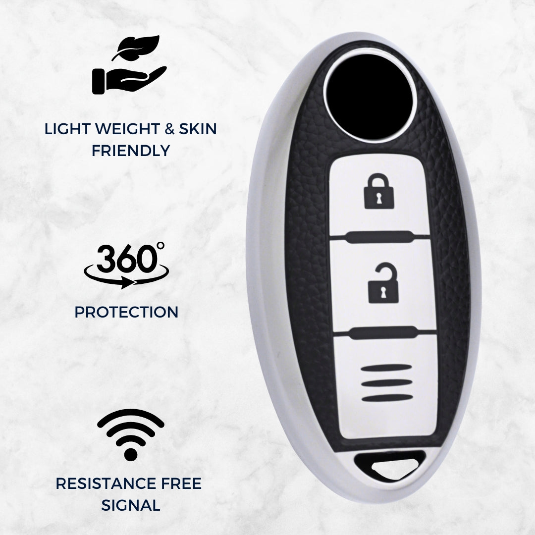 TPU Leather Key Cover Nissan Micra, Sunny, Teana, Magnite 2 button Smart Key with Keychain.