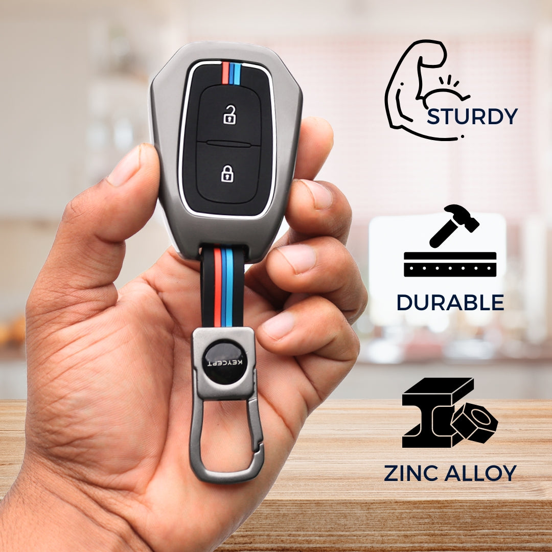 Keycept Metal Alloy Car Key Cover for Renault Kiger, Kwid, Duster 2 Button Remote Key Cover with Keychain (Dual Black & Tan)