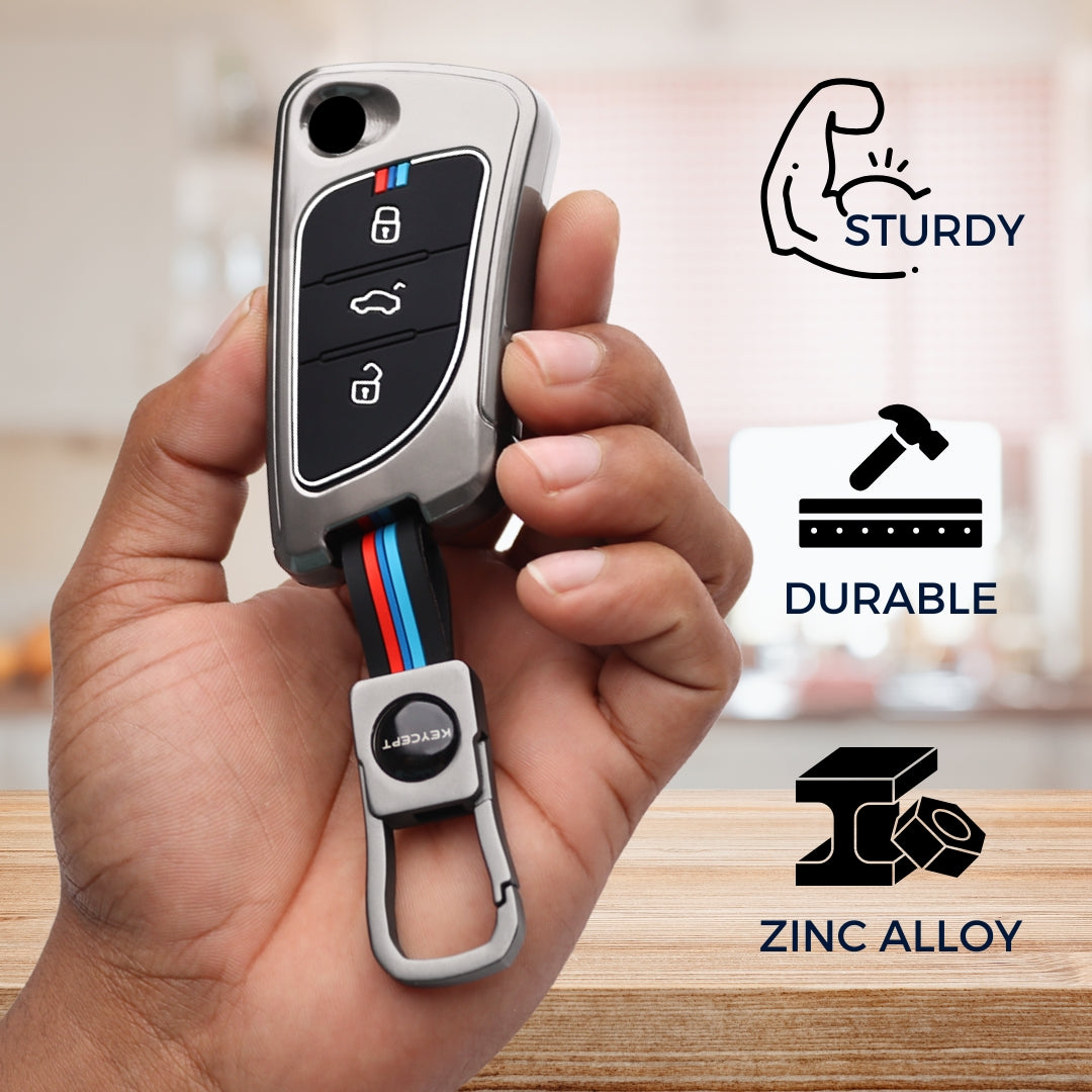 Keycept Metal Alloy Car Key Cover for Universal KD/ Xhorse, LX-B30 universal remote flip Key Cover with Keychain (Dual Black & Tan)