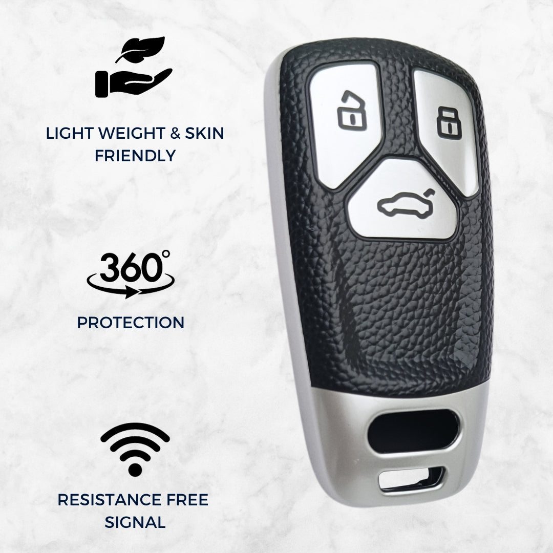 Silver TPU Leather Key Cover for Audi A4, S4, B7, B8, A6, A5, A7, A8, Q5, S5, S6, Q7 3 button smart key With Keychain