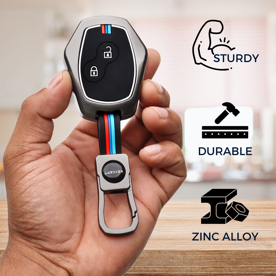 Keycept Metal Alloy Car Key Cover for Renault Logan, Duster, Verito, Lodgy 2 Button Key Cover with Keychain (Dual Black & Tan)