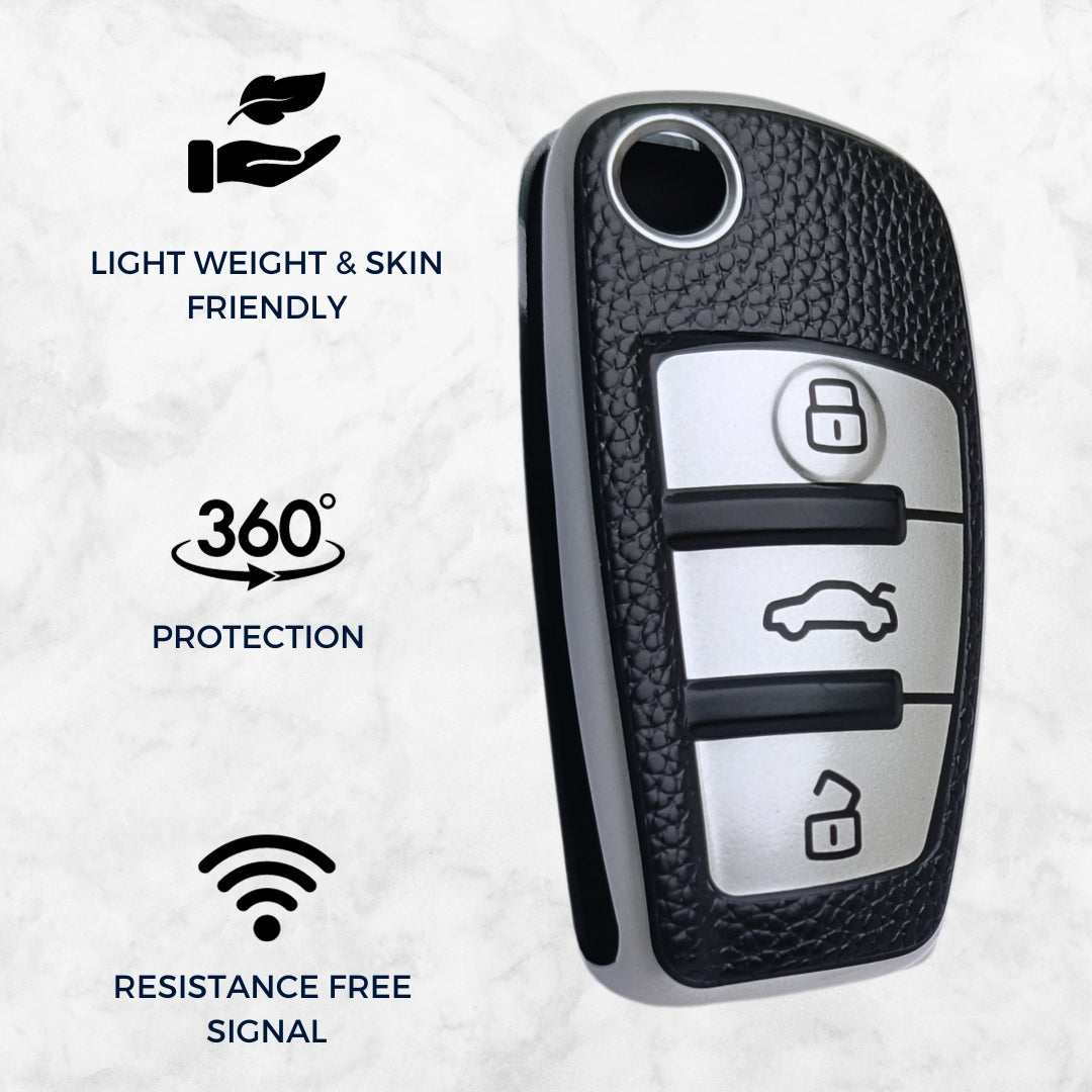 Silver TPU Lather Key Cover for A1, A3, A6, Q2, Q3, Q7, TT, TTS, R8, S3, S6, & RS3 3 button flip key With Keychain