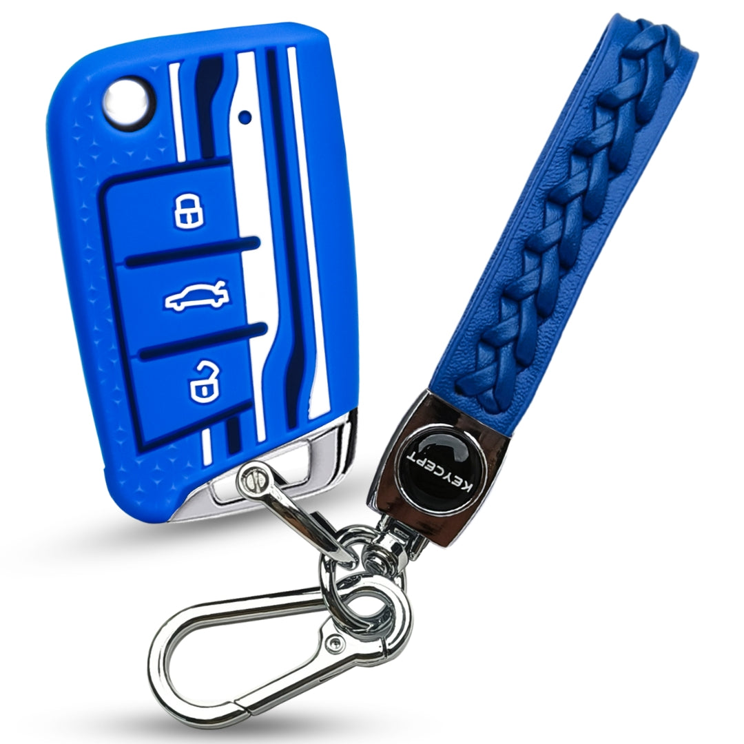 Keycept Tristar Silicone Car Key Cover for Skoda Kushaq, Octavia, Kodiaq, Superb, Slavia, Passat, Virtus, T Roc 3 Button Flip Key with Keychain (Type K5)