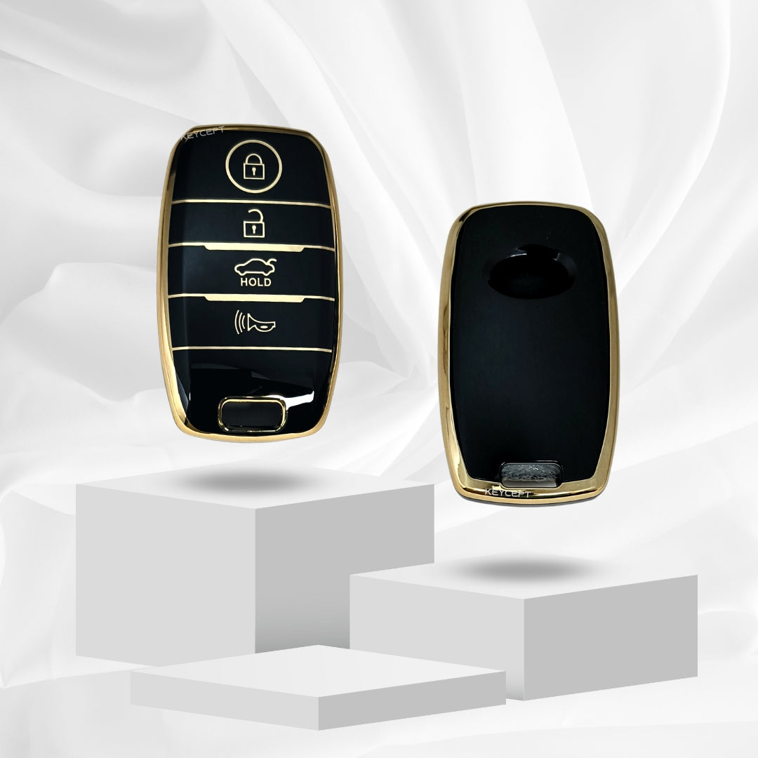 kia seltos sonet carens carnival 4 button smart tpu black gold key case keychain