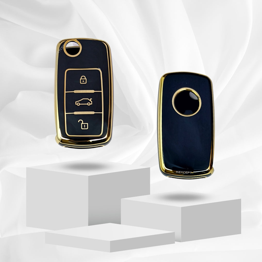 skoda octavia laura fabia 3 button flip key tpu black gold key cover