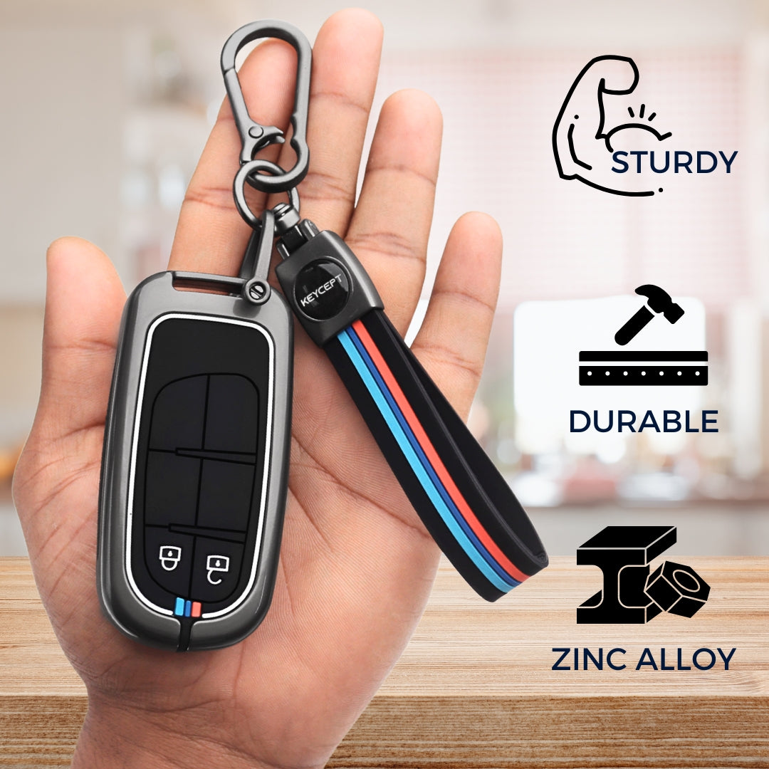 Keycept Metal Alloy Car Key Cover for Jeep Meridian, Compass, Trailhawk, 2 Button Smart Key with keychain (Type M2)