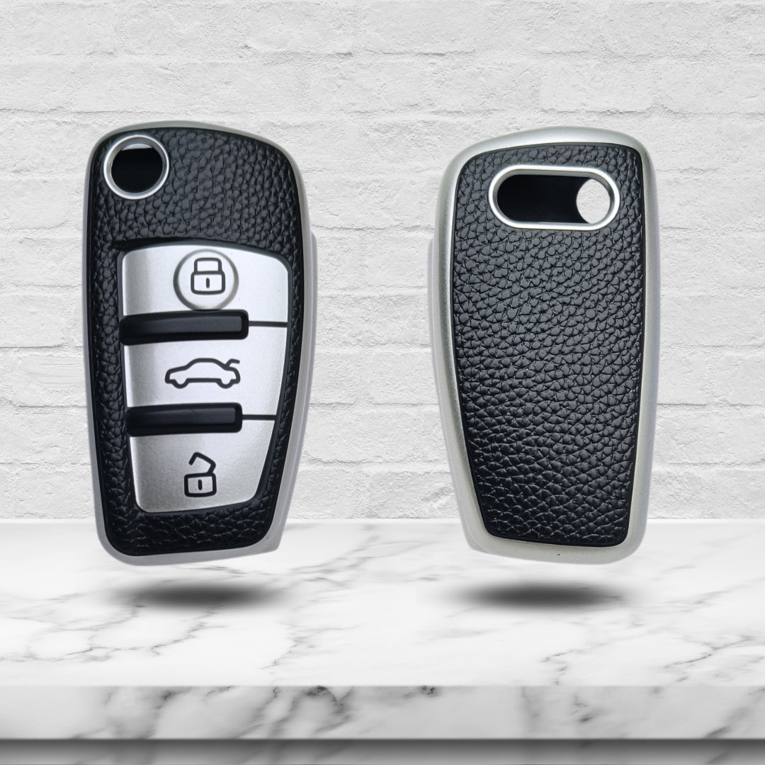 Silver TPU Lather Key Cover for A1, A3, A6, Q2, Q3, Q7, TT, TTS, R8, S3, S6, & RS3 3 button flip key With Keychain
