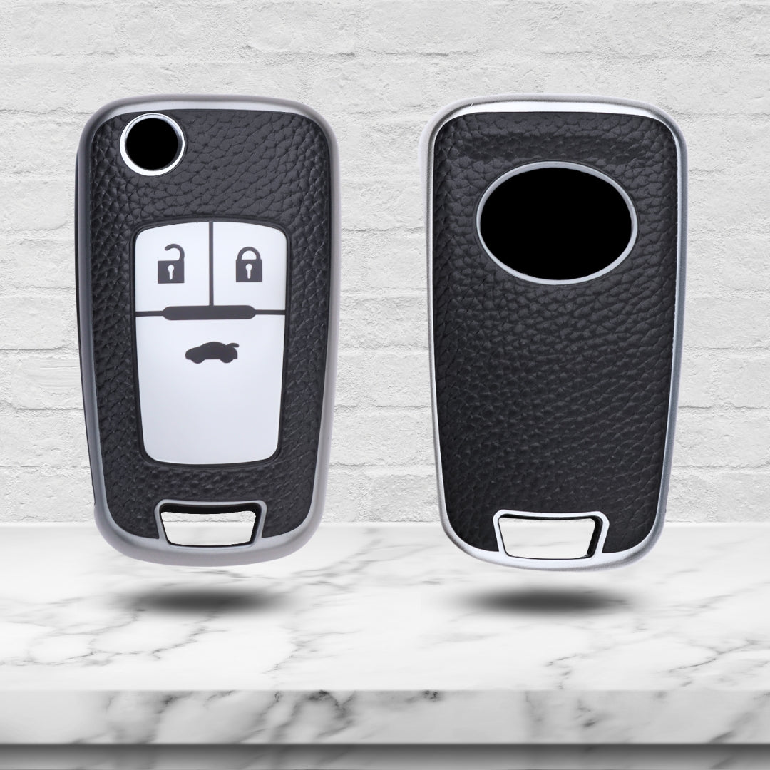 Keycept TPU Leather Car Key Cover for Chevrolet Cruze | Beat | Avio | Spark 3 Button Flip Key Only with keychain (Type K4)