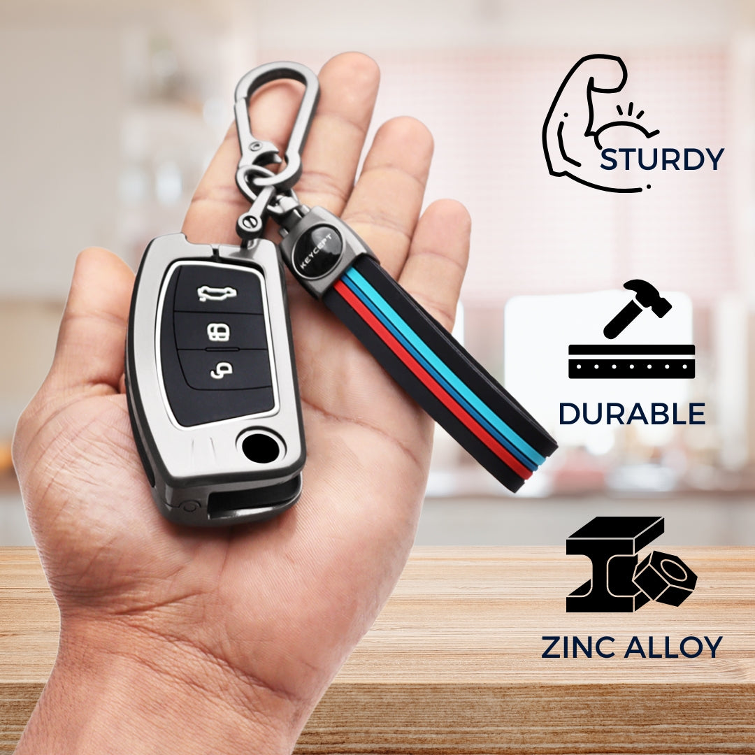 Metal Alloy Key Cover For Ford Fiesta, Figo, Old Ecosport 3 Button Flip Key with Keychain.