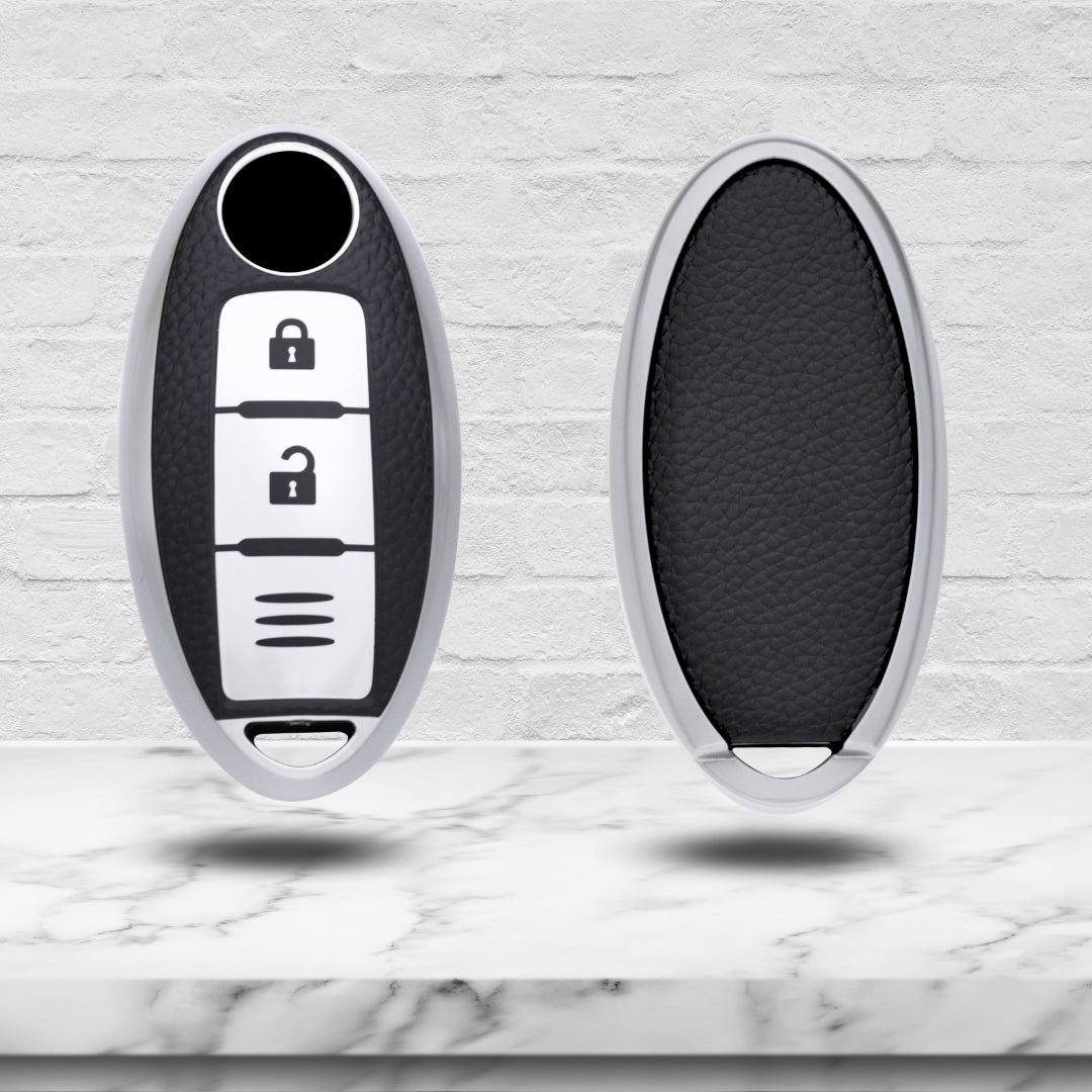 TPU Leather Key Cover Nissan Micra, Sunny, Teana, Magnite 2 button Smart Key with Keychain.