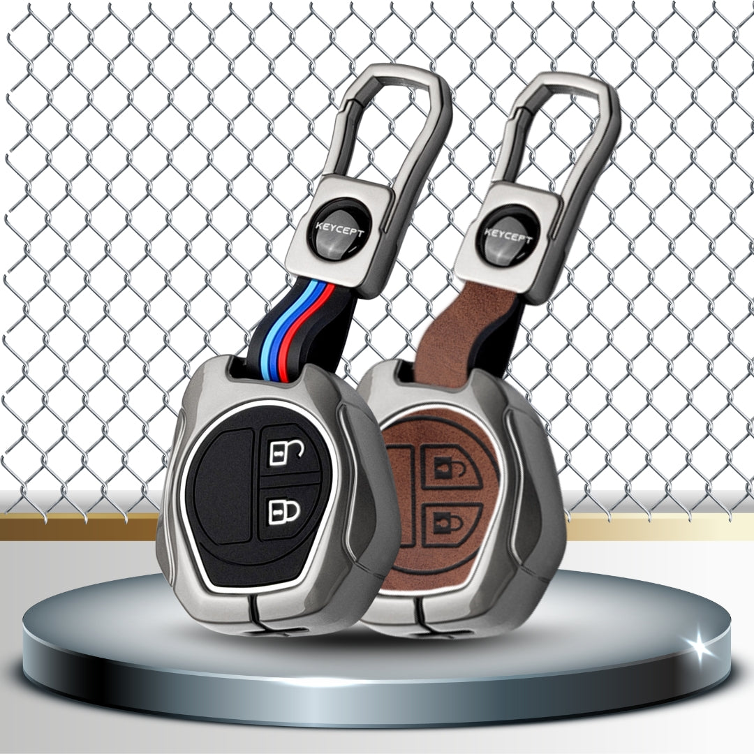Keycept Metal Alloy Car Key Cover for Suzuki Swift, Dzire, Ertiga, Baleno, Celerio, WagonR, Ritz, Brezza, Scross, Alto, Fronx, XL6, Ciaz, Grand Vitara, Jimny, Alto K10, S Presso, WangoR, Ignis with Keychain (Dual Black & Tan)