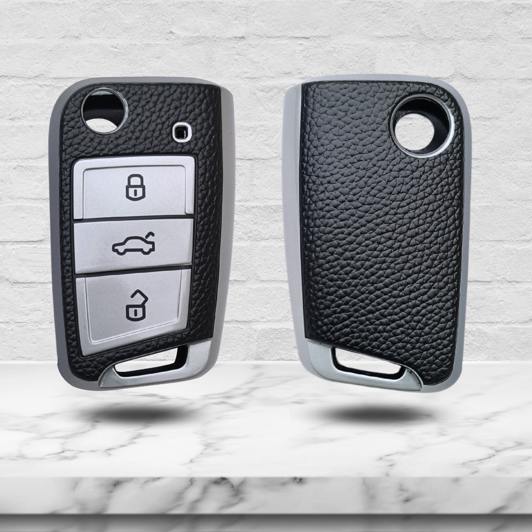 Skoda/Volkswagen TPU Leather Key Cover with Keychain. (Type 2)
