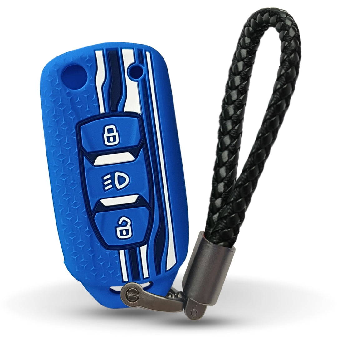 Blue TriStar Silicone Key Cover for Tata Tigor, Bolt, Nexon, Hexa, Zest, Tiago, Punch, Safari, Altroz, Storme 3 button Flip Key with Keychain