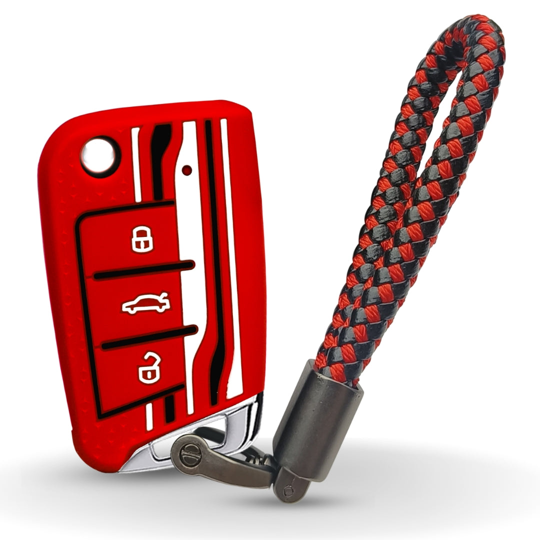 Keycept Tristar Silicone Car Key Cover for Skoda Kushaq, Octavia, Kodiaq, Superb, Slavia, Passat, Virtus, T Roc 3 Button Flip Key with Keychain (Type K6)