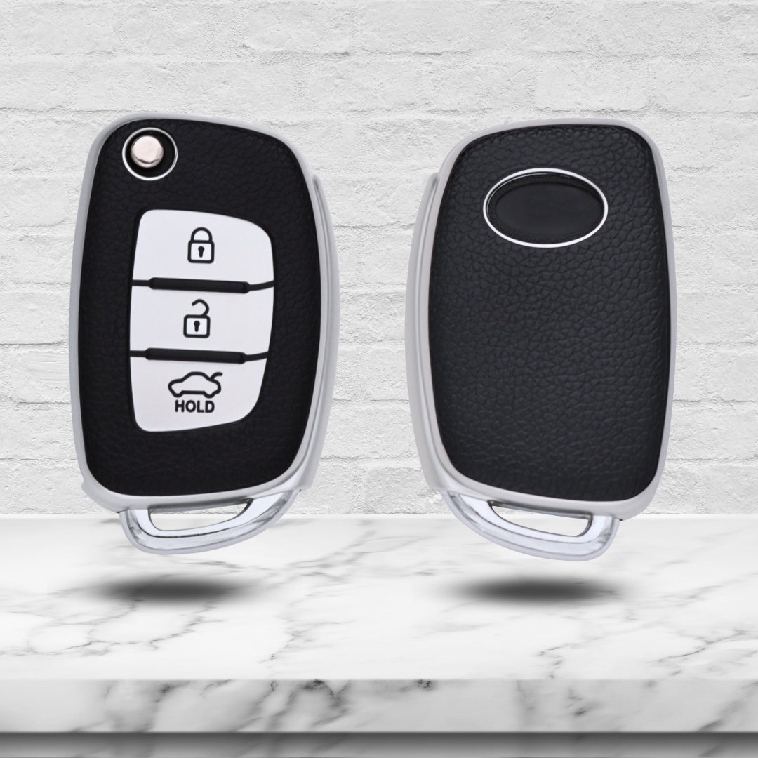 TPU Leather Key Cover For Hyundai Creta, Venue, Aura, i20, Grand i10 Nios, Xcent 3 Button Flip Key With Keychain.