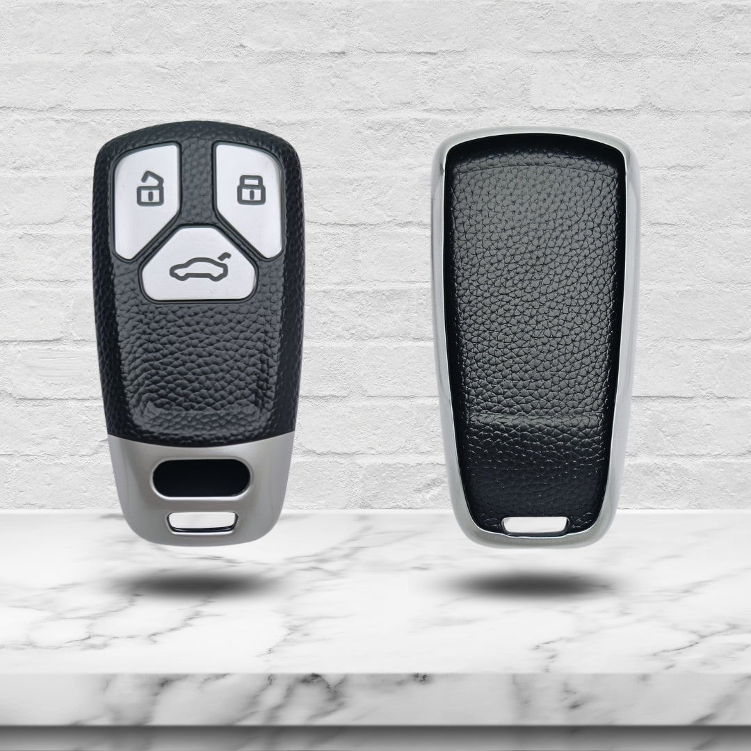 Silver TPU Leather Key Cover for Audi A4, S4, B7, B8, A6, A5, A7, A8, Q5, S5, S6, Q7 3 button smart key With Keychain