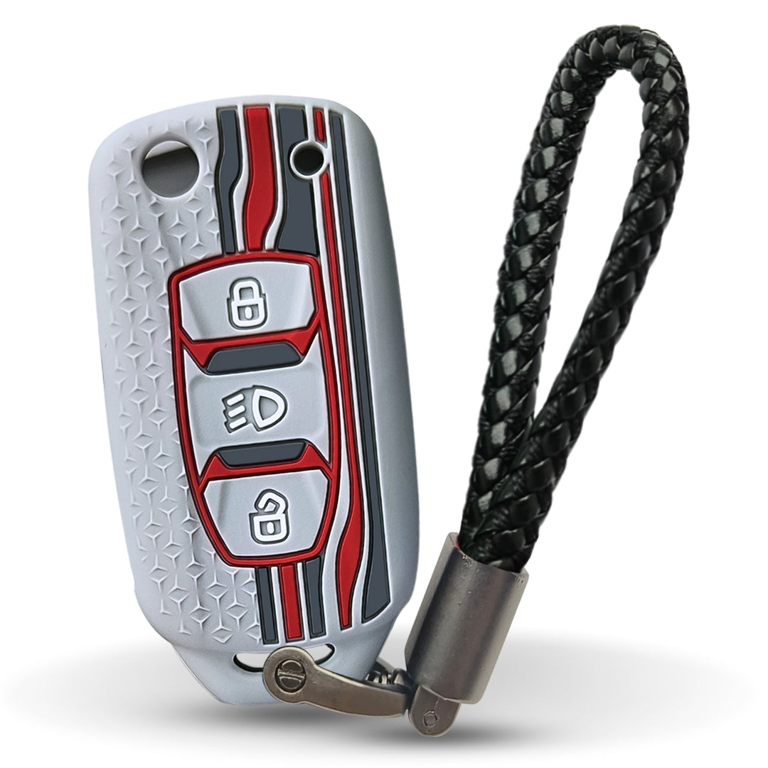 Grey TriStar Silicone Key Cover for Tata Tigor, Bolt, Nexon, Hexa, Zest, Tiago, Punch, Safari, Altroz, Storme 3 button Flip Key with Keychain