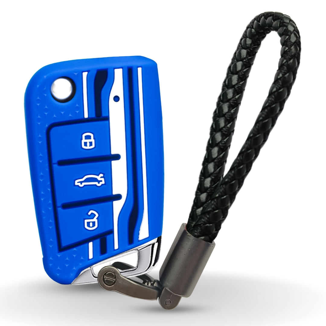 Keycept Tristar Silicone Car Key Cover for Skoda Kushaq, Octavia, Kodiaq, Superb, Slavia, Passat, Virtus, T Roc 3 Button Flip Key with Keychain (Type K6)
