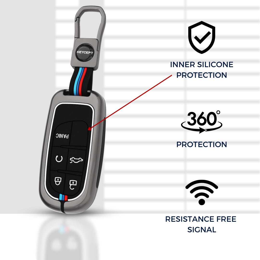 Keycept Metal Alloy Car Key Cover for Jeep Meridian, Compass, Trailhawk 5 Button Smart Key with keychain (Type M1)