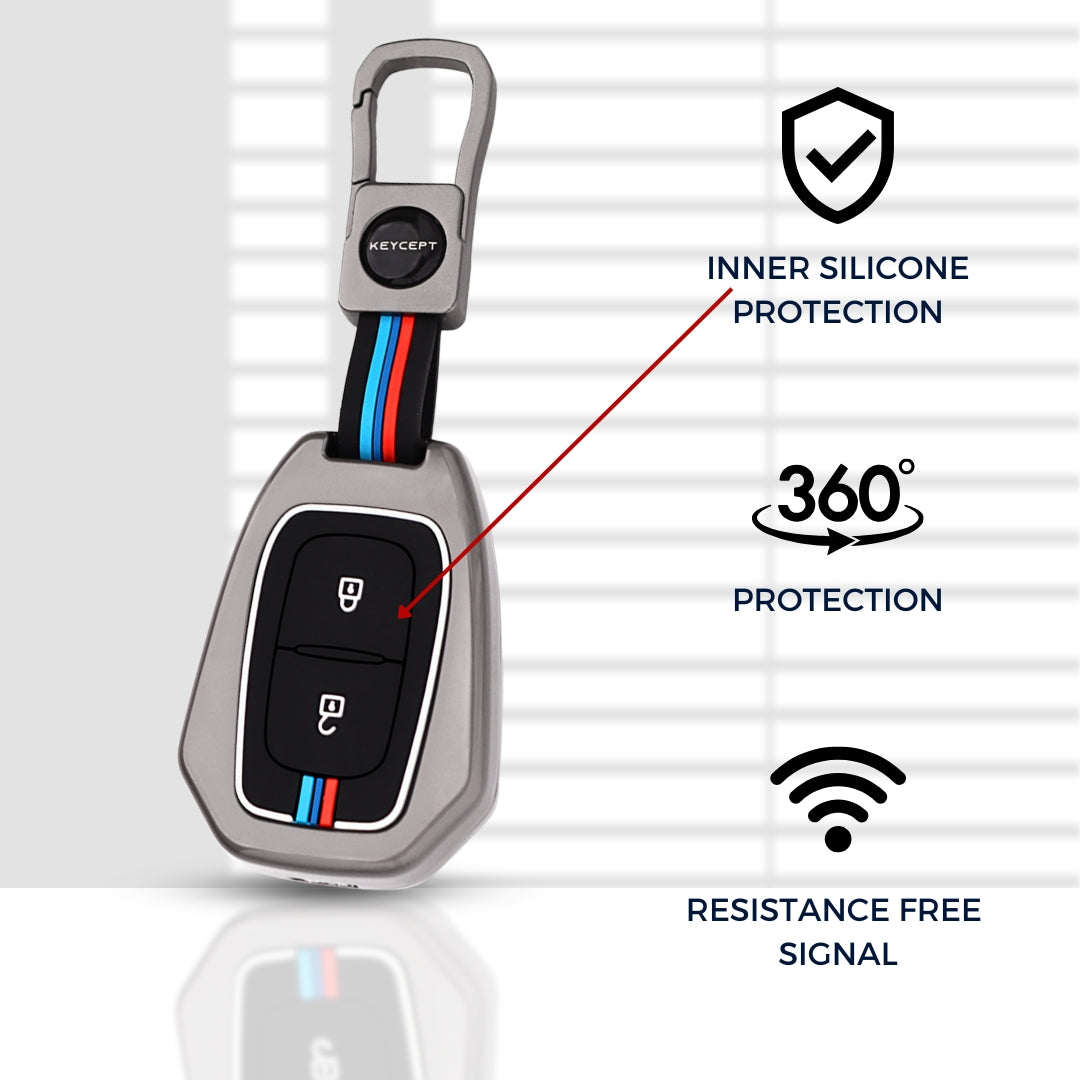 Keycept Metal Alloy Car Key Cover for Renault Kiger, Kwid, Duster 2 Button Remote Key Cover with Keychain (Dual Black & Tan)